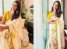 Keerthy Suresh’s Kasavu sari with banana chips for Onam Sadhya is a sartorial symphony