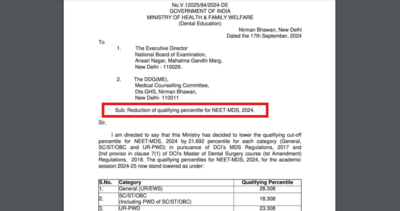 NEET MDS Revised Cut-off 2024: Ministry of Health reduces qualifying cut-off by 21.692 percentile, NBEMS to release revised results