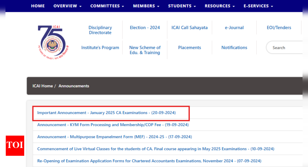ICAI CA January Exam 2025 schedule released: Check important dates, application fee and other details here