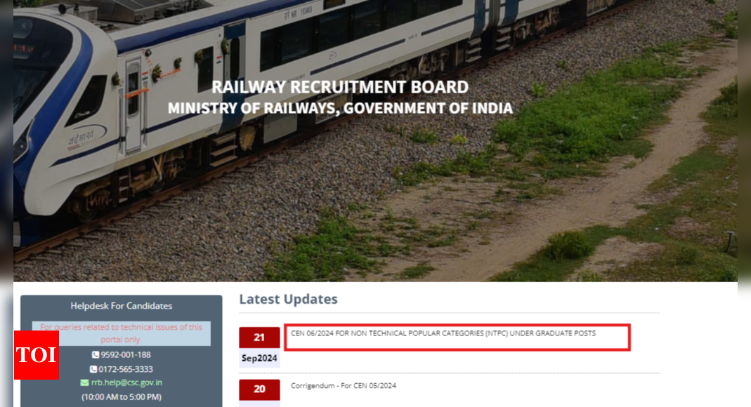RRB NTPC Recruitment 2024: Notification for 3,445 Non-Graduate Vacancies Released, Registration Begins Today – Times of India