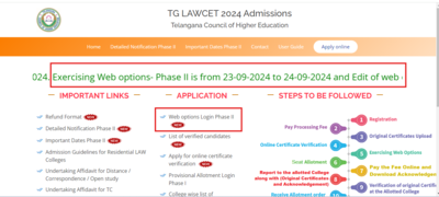 TS LAWCET Counselling 2024 phase 2 web options entry starts at lawcetadm.tsche.ac.in: Direct link here