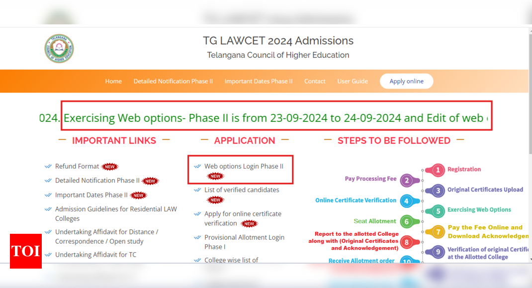 TS LAWCET Counselling 2024 phase 2 web options entry starts at lawcetadm.tsche.ac.in: Direct link here