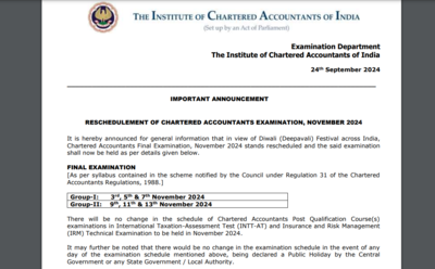 ICAI CA Final Exam for Nov 2024 postponed due to Diwali, new exam date announced: Check official notice here