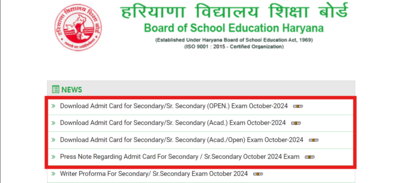 BSEH Haryana Board Open School Admit Card 2024 out for class 10, 12: Direct links to download here