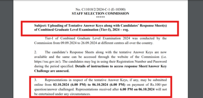 SSC CGL Answer Key 2024 released for Tier 1 exam, raise objections by Oct 6: Direct link here