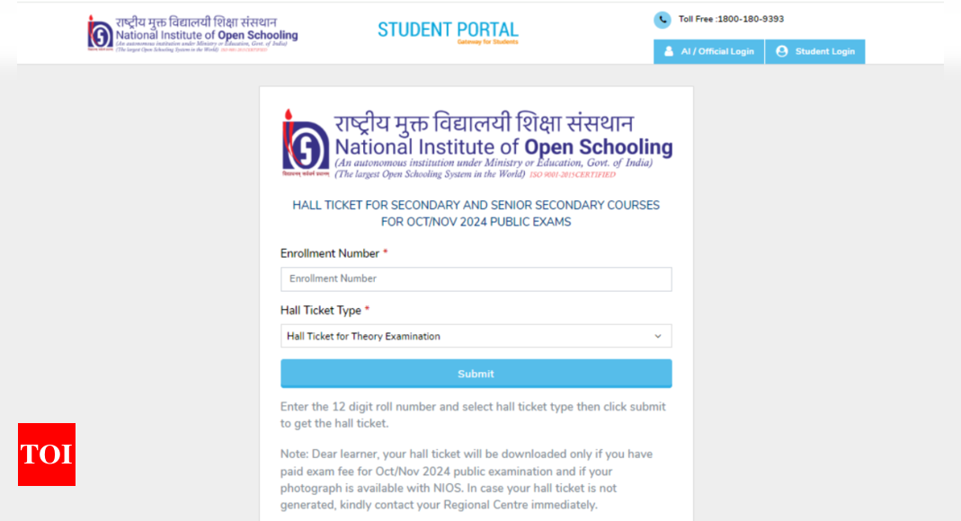 NIOS Class 10th, 12th Hall Ticket released for OctoberNovember 2024