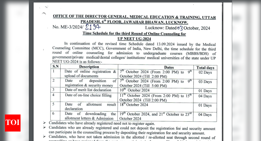 UP NEET UG counselling 2024 round 3 schedule released at upneet.gov.in: Check important dates here