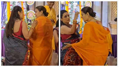 Kajol and Rani Mukerji engage in a fun conversation as they take blessings at the Sarbojanin Durga Puja pandal - WATCH video