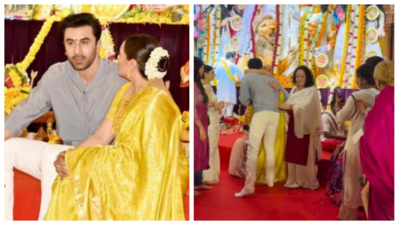 Ranbir Kapoor greets Rani Mukerji with a warm hug; Jaya Bachchan and Kajol twin in yellow sarees at Durga Puja pandal in Mumbai - WATCH video