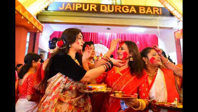 Jaipur Durga puja pandals thronged by large crowds of devotees, revellers