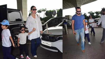 Saif, Kareena spotted with their boys at airport as they jet off on their wedding anniversary; Jeh steals the show again with his adorable antics - WATCH VIDEO