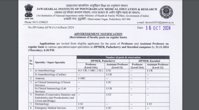 JIPMER Faculty Recruitment 2024 for Professor, Asst prof. Stanowiska: Rejestracja rozpoczyna się 25 października, sprawdź powiadomienie tutaj