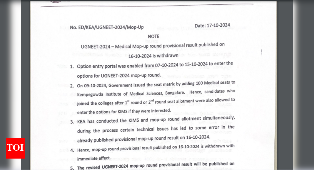 Karnataka NEET UG 2024 mop-up round provisional allotment withdrawn by KEA, revised result to be issued today: Check details here