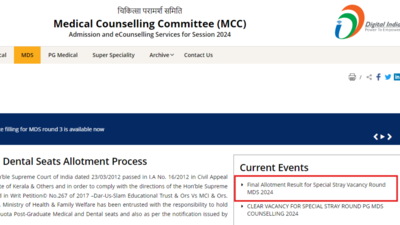 NEET MDS Counselling 2024 special stray vacancy round allotment result out: Check direct link here – Times of India