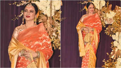 Rekha dazzles in orange kanjeevaram saree at Manish Malhotra's Diwali party, asks paps, 'Khaana khaya ke nahi aap logo ne?'