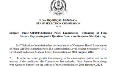 SSC issues Phase 12 recruitment exam 2024 final answer key: Check direct link here