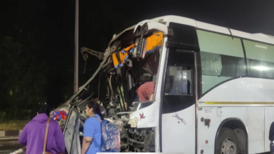 Punjab roadways Volvo bus on route to Delhi airport crash in Kurukshetra, two passengers injured