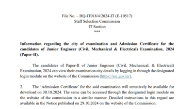 SSC JE paper 2 exam city 2024 issued at ssc.gov.in: Check direct link here