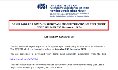 ICSI CSEET November 2024 admit card released: Direct link to download here