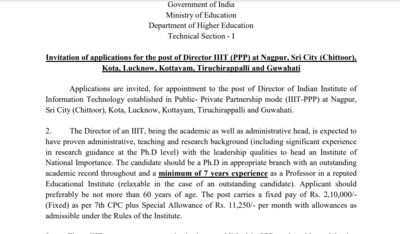 Ministry of Education notifies IIIT Director recruitment for multiple campuses, offers fixed salary of over ₹2 lakh