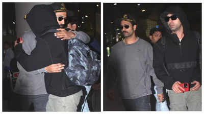 Ranbir Kapoor e Vicky Kaushal dão um abraço caloroso um ao outro enquanto fazem uma aparição elegante no aeroporto; os fãs ficam maravilhados com o seu 