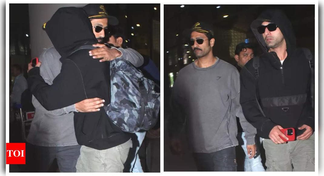 Ranbir Kapoor and Vicky Kaushal give each other a warm hug as they make a stylish appearance at the airport; fans gush over their ‘bromance’ – WATCH video |