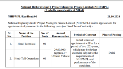 NHAI recruitment 2024: Apply for various posts till November 5, salary up to Rs 29 lakh