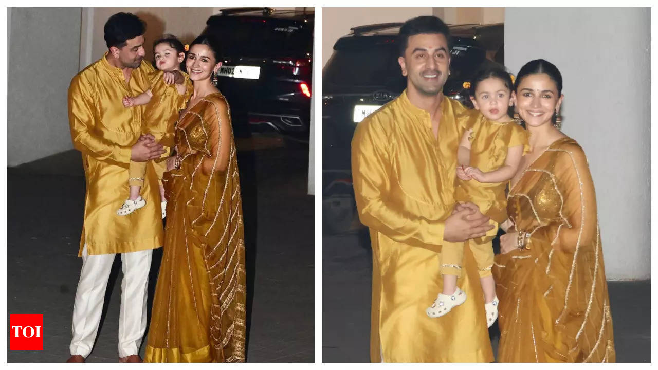 Baby Raha proves she is camera-friendly as she strikes cute poses for  paparazzi with Ranbir Kapoor and Alia Bhatt on Diwali in matching golden  outfits | - Times of India