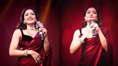 Rashmika Mandanna stuns in burgundy saree at Pushpa 2 trailer launch