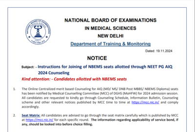 NEET PG 2024: NBEMS issues advisory on joining seats allotted through AIQ 2024, Check key details here – Times of India