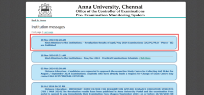 Anna University 2024 phase II revaluation results for UG, PG, and PhD courses released at coe1.annauniv.edu: Direct link to check here