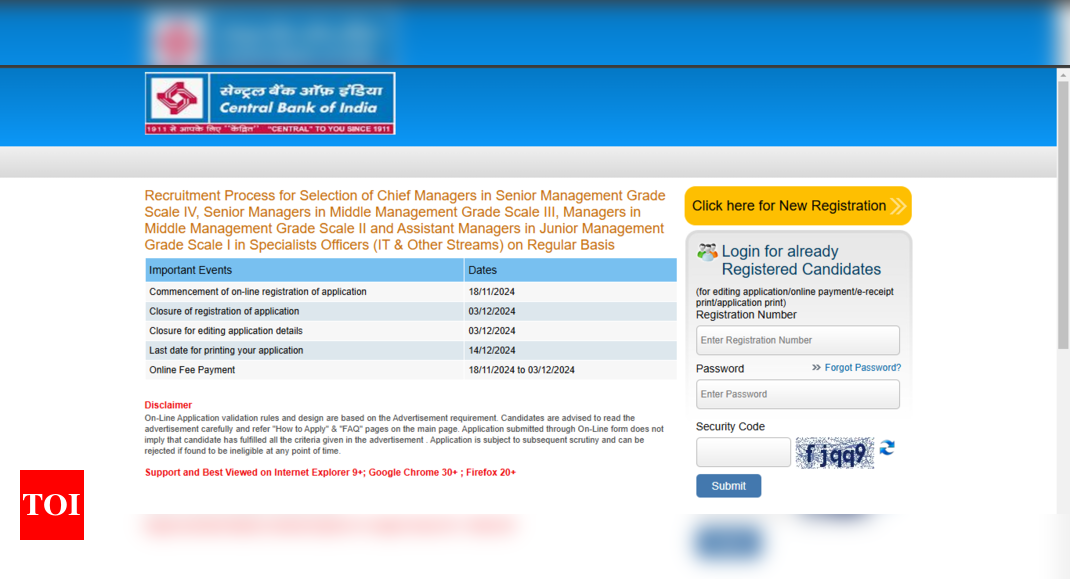 Central Bank of India Manager recruitment registration underway: Check direct link to apply and other important details