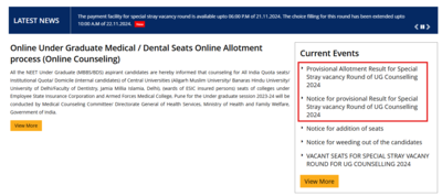 MCC NEET UG provisional allotment result for special stray round released at mcc.nic.in: Check details here