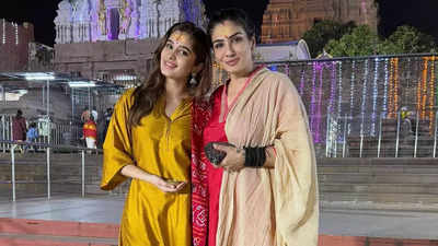 Raveena Tandon and daughter Rasha Thadani visit Mallikarjuna Jyotirlinga temple in Srisailam, Andhra Pradesh