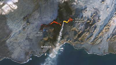 Nasa captures satellite image of fiery lava flow close to Iceland’s Blue Lagoon