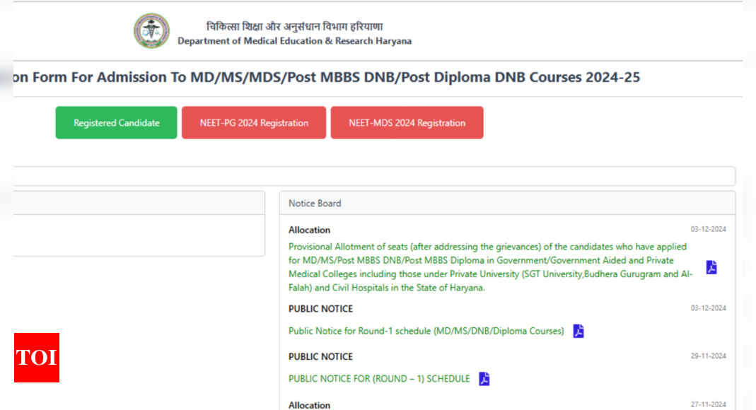 Haryana NEET PG Counselling 2024 Round 1 provisional allotment result (after addressing grievances) released: Check direct link here