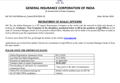 GIC Assistant Manager Recruitment 2024: Direct link to apply for over 100 posts here