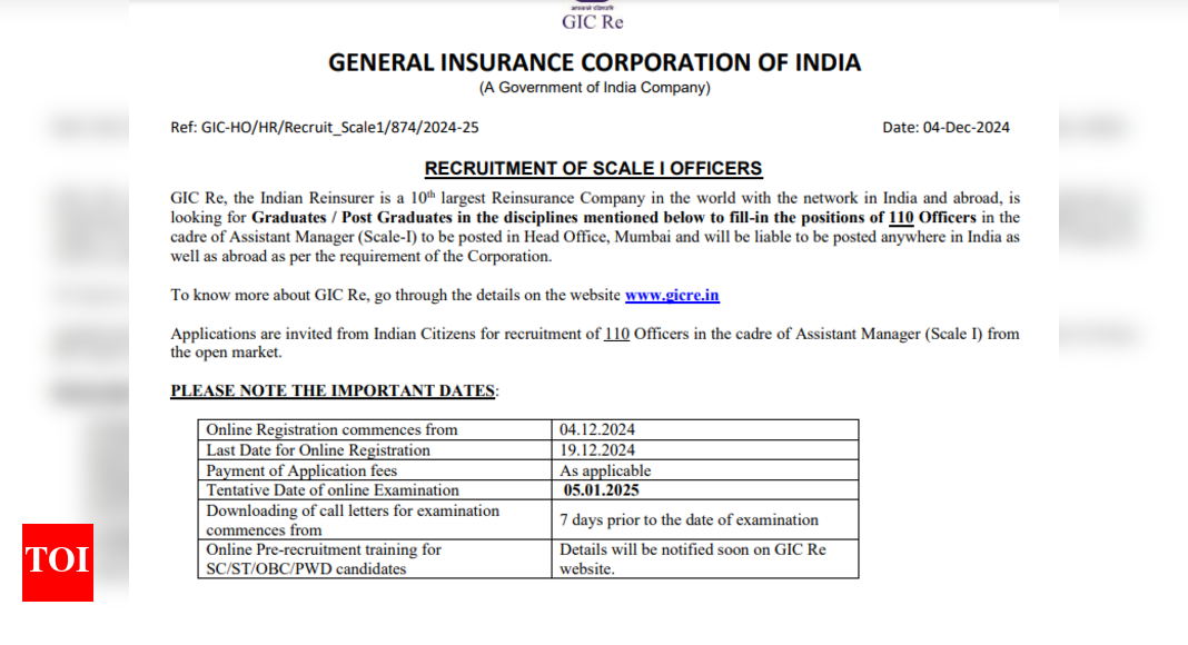 GIC Assistant Manager Recruitment 2024: Direct link to apply for over 100 posts here