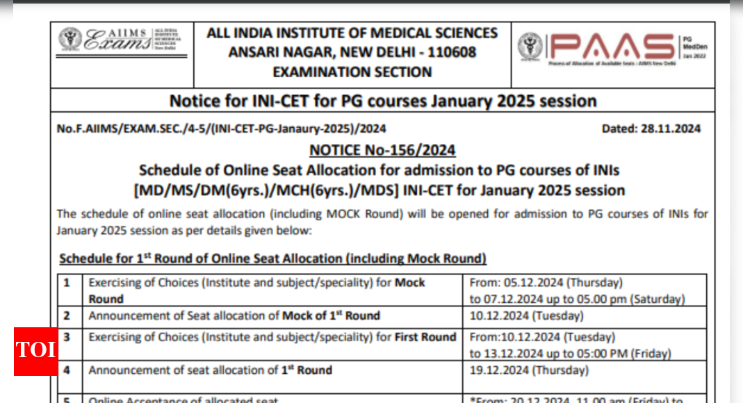 AIIMS INI CET January 2025 online seat allocation schedule out, check details here