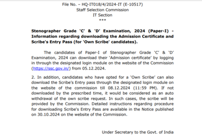 SSC Stenographer admit card released at ssc.gov.in: Direct link to download hall tickets