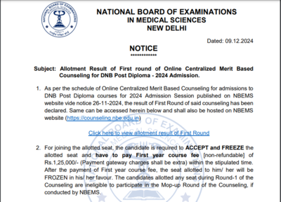 DNB Counselling 2024: Round 1 seat allotment results released at natboard.edu.in, Direct link to check here