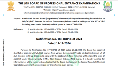 J&K NEET PG counseling 2024: Schedule for second round (upgradation/allotment) of physical counseling released, check official notice here