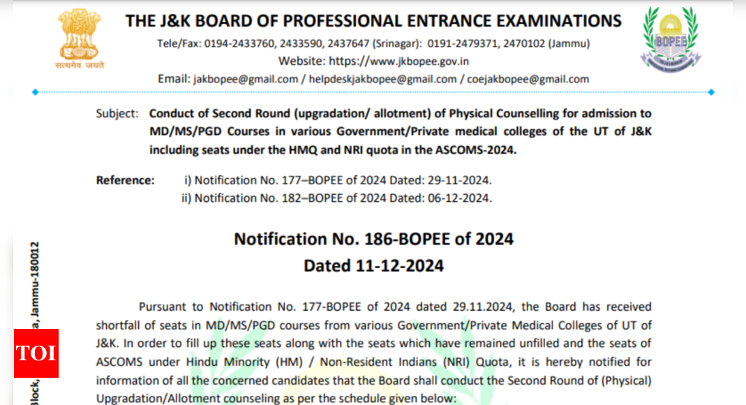 J&K NEET PG counselling 2024: Schedule for second round (upgradation/allotment) of physical counselling released, check official notice here