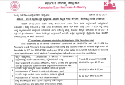 कर्नाटक एनईईटी पीजी राउंड 2 काउंसलिंग शेड्यूल cetonline.karnataka.gov.in पर जारी: यहां जांचने के लिए सीधा लिंक