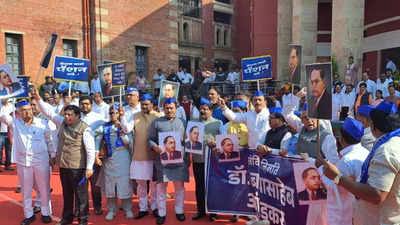 MVA leaders protest against Amit Shah’s statement at Maharashtra Vidhan Bhavan, highlight BR Ambedkar’s legacy