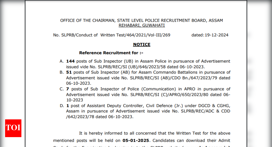 Assam Police SI admit card 2024 release date announced: Check details here