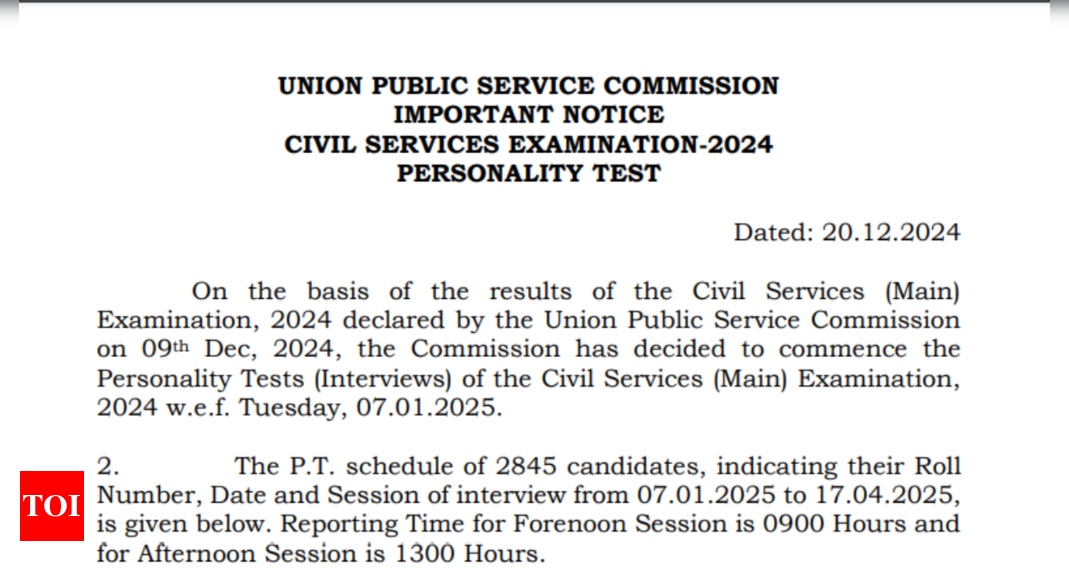 UPSC CSE Mains 2024 interview schedule announced; personality tests from January 7 – Check official notice here