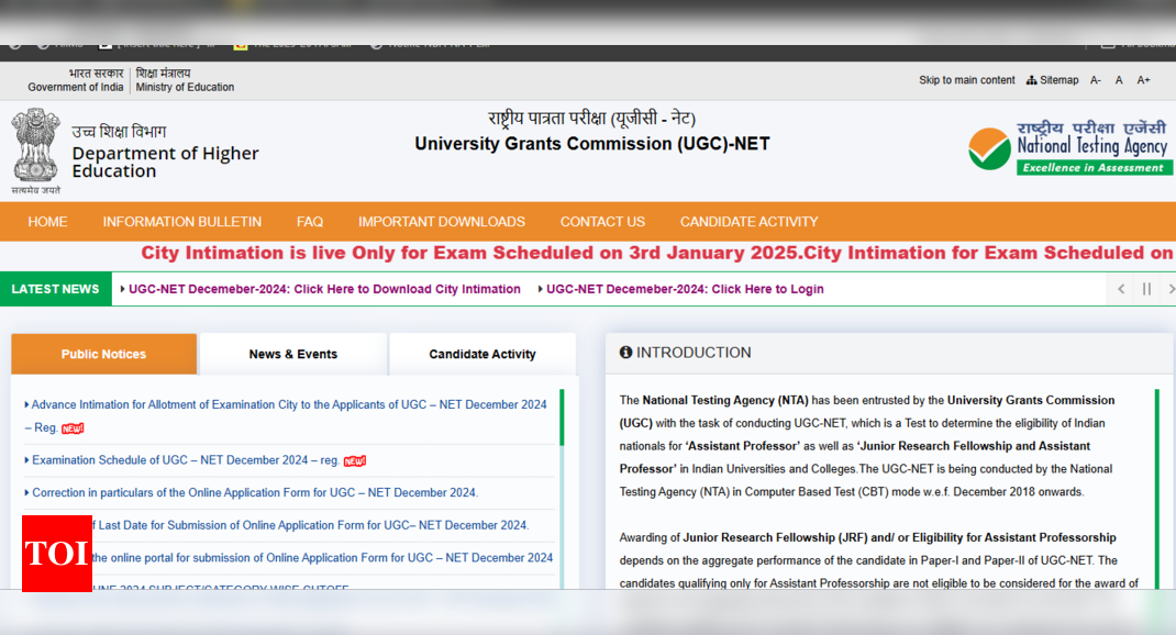 UGC NET December 2024 city intimation slip released for exam on 3rd Jan at ugcnet.nta.ac.in: Direct link to download here | - Times of India