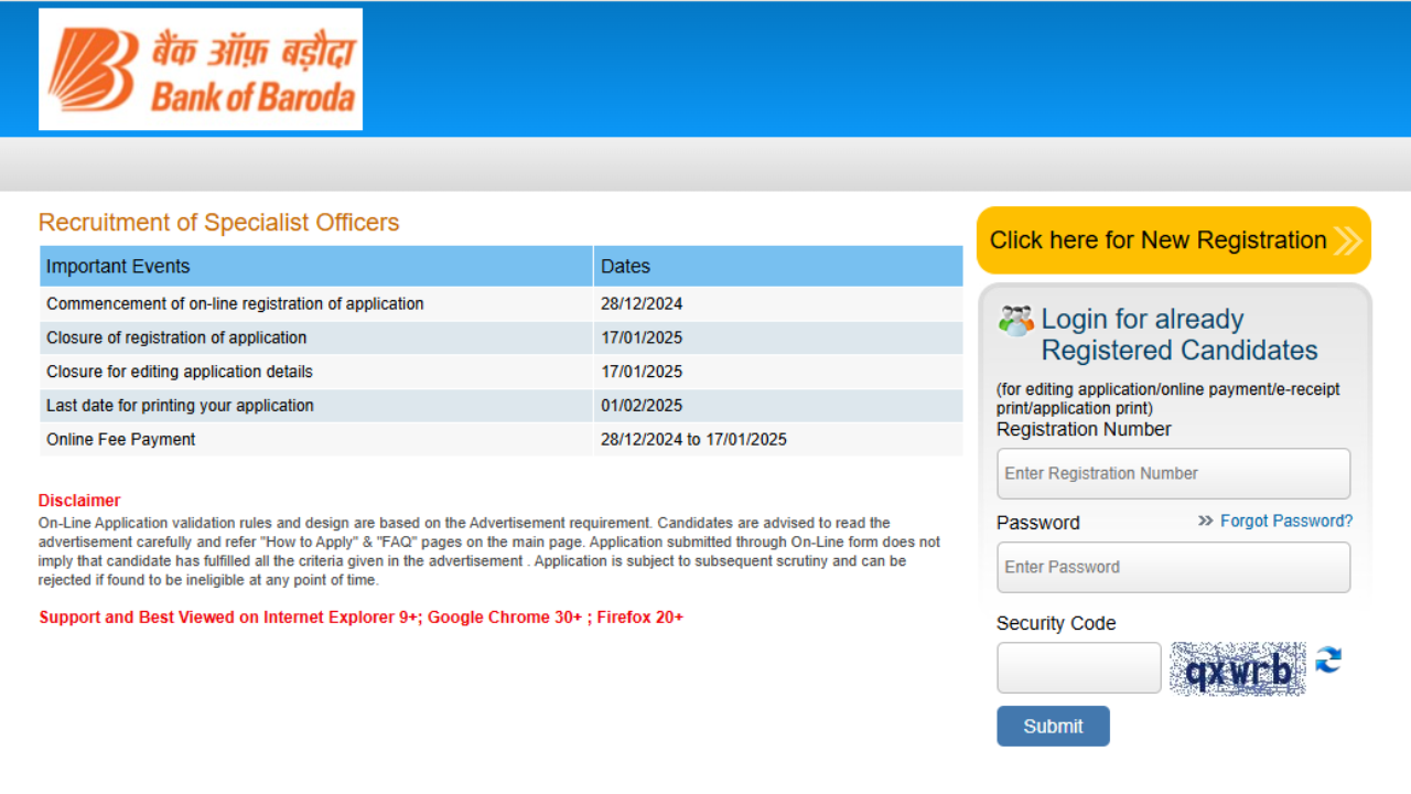 Bank of Baroda SO recruitment 2025: Registration begins, check