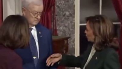 'I won’t bite': Kamala Harris left embarrassed after Bruce Fisher refuses handshake at Senate swearing-in; Watch awkward moment